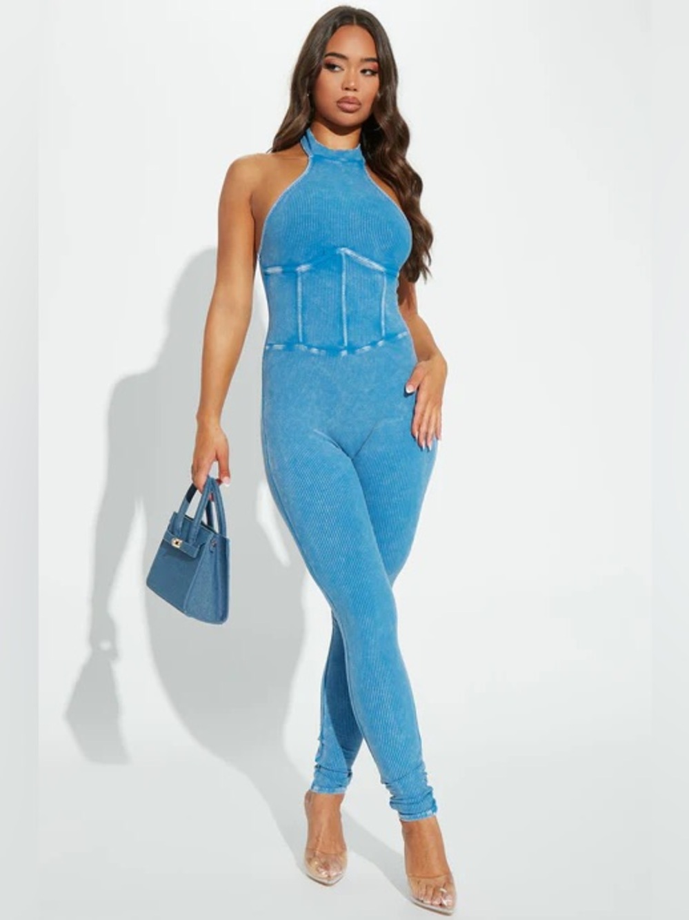 Fashion Nova Blue Ribbed Halter Jumpsuit NWOT